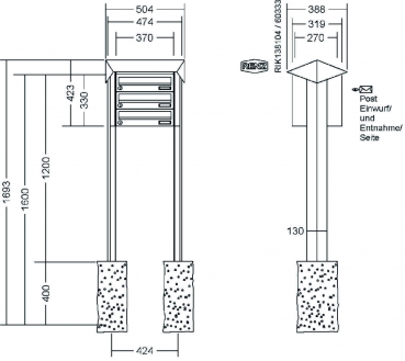 RENZ Briefkastenanlage freistehend, PRISMA, Edelstahl V4A, Kastenformat 370x110x270mm, 3-teilig, zum Einbetonieren